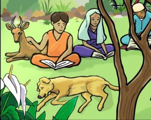 Youth studying scriptures with animals